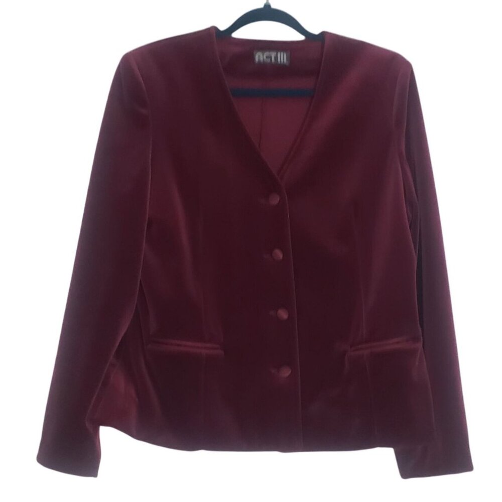 Vintage 80s Act III Womens Burgundy Velvet Blazer Jacket‎ Size 16 Goth Academia